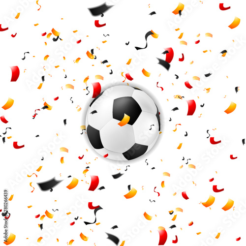 Confetti in German colors and soccer ball, sport football background. Vector design