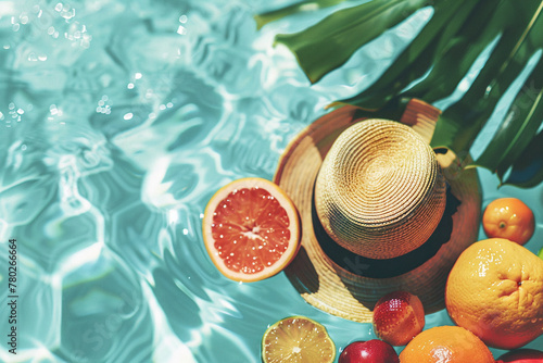 Straw hat lies on the water in swimming pool. Clear water and palm leaves on the photo. Summer trend background