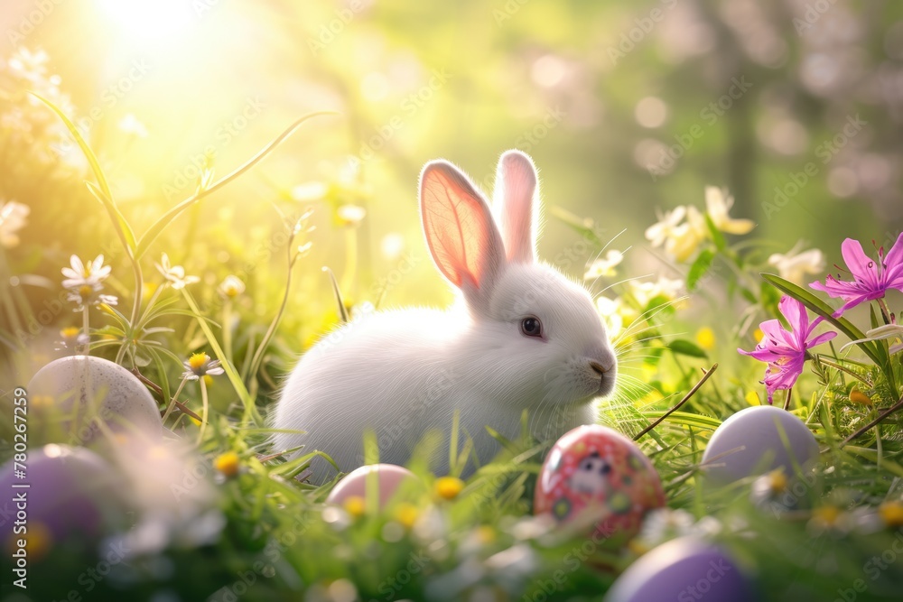 A happy white rabbit is resting among colorful Easter eggs in a beautiful natural landscape filled with lush green grass, flowers, and groundcover AIG42E