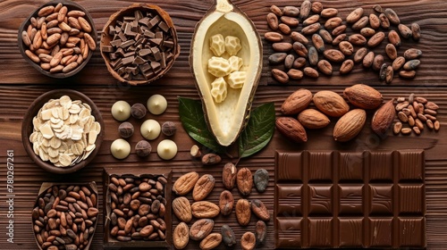 Nestled upon polished wood, a tableau of chocolate artistry emerges, cacao pod, beans, cocoa nibs, dark and white chocolate chunks, punctuated by vibrant cacao plant leaves.
 photo