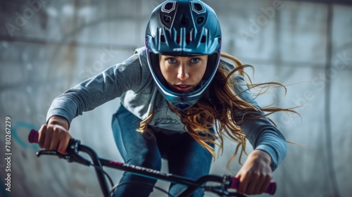 Female BMX cyclist wearing a helmet exhibits intense concentration and action during an urban extreme sport session