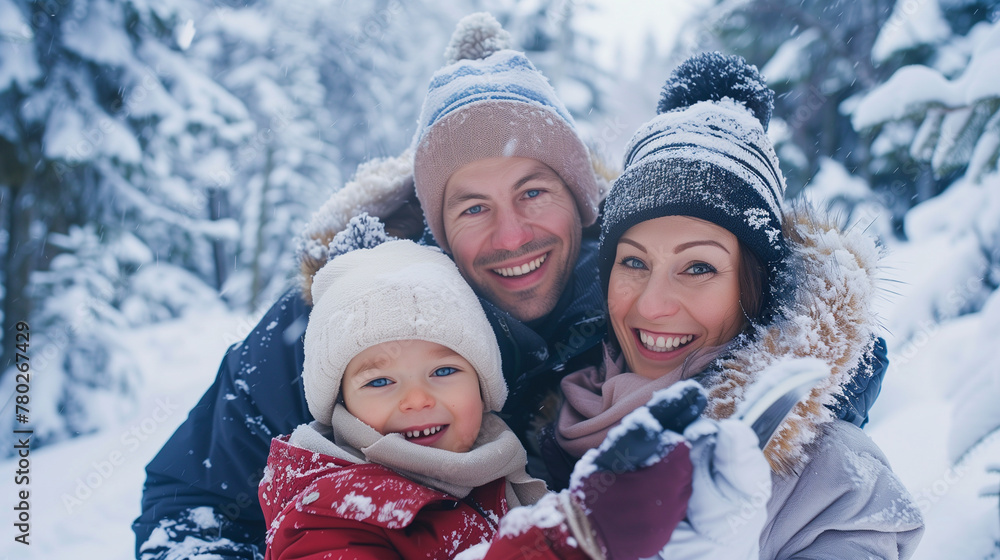 Family travel in winter snow with happy together.