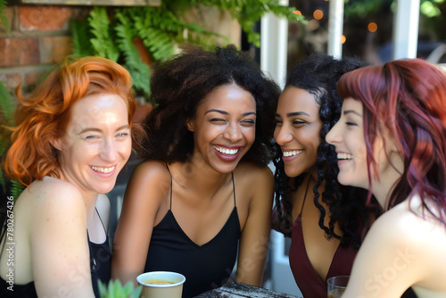 Multiracial group of happy smiling friends enjoy a cheerful coffee break, laughing during a lively lunch meeting. Different races and skin colors diversity. Vintage retro style