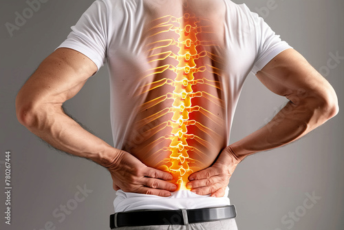 Man pain office syndrome at his back with highlight at backbone and spine. photo