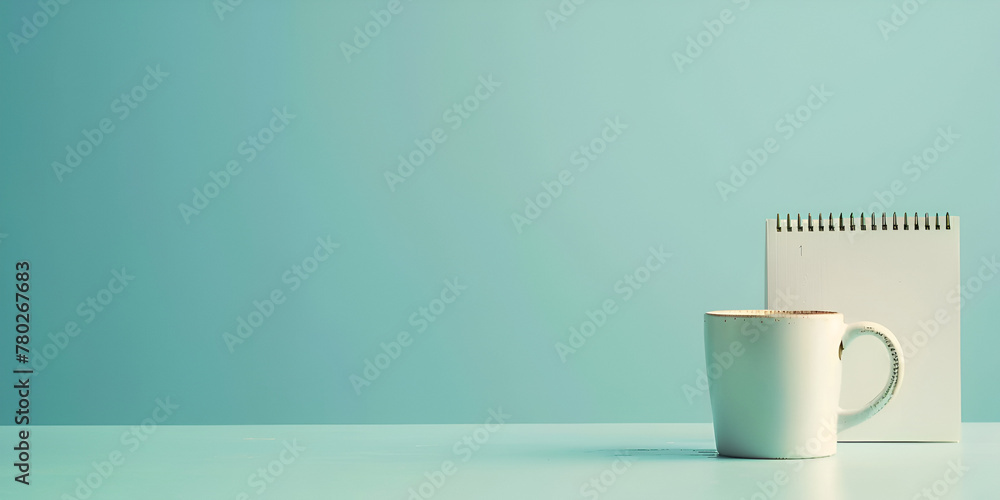 Modern workspace with a cup of coffee and notepad on pastel blue background, - obrazy, fototapety, plakaty 