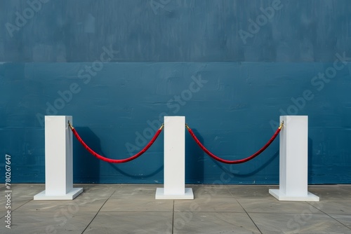 A picture of white stone columns against blue wall and red string ribbons at an important awards ceremony photoshoot, AI Generated.