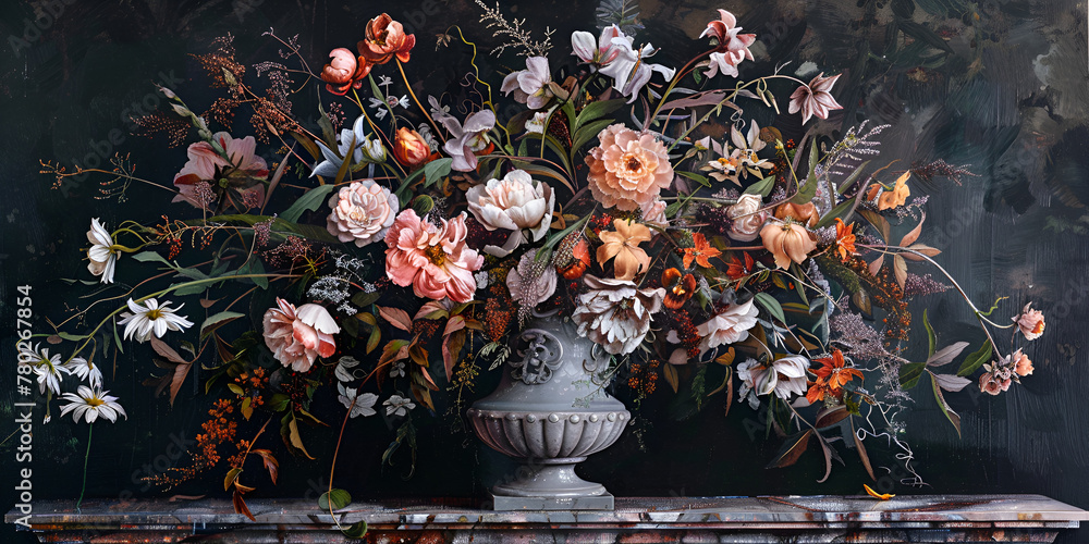 A painting of beautiful flowers in a vase on dark background,