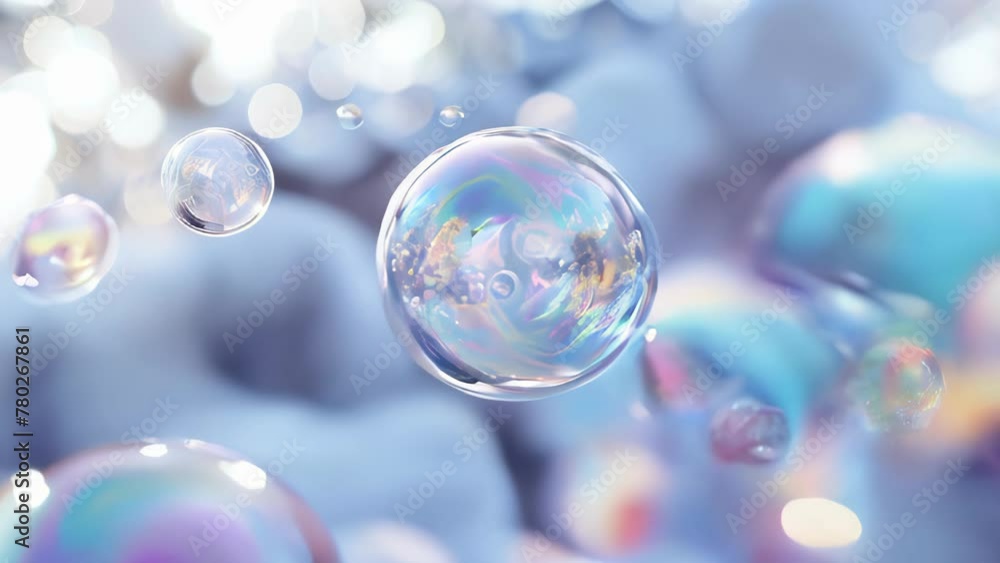 Bubbles shimmering with iridescent colors float against a blue backdrop. Spherical and translucent, their surfaces reflect subtle rainbow hues. Bubbles shimmering with iridescent colors float against a blue backdrop. Spherical and translucent, their surfaces reflect subtle rainbow hues.
