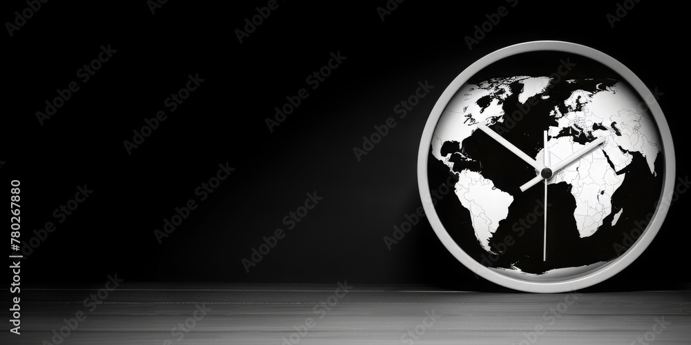 Fototapeta premium Global Rhythms: A Minimalist Monochrome World Clock Signifying Time Zones and International Connectivity, Generative AI