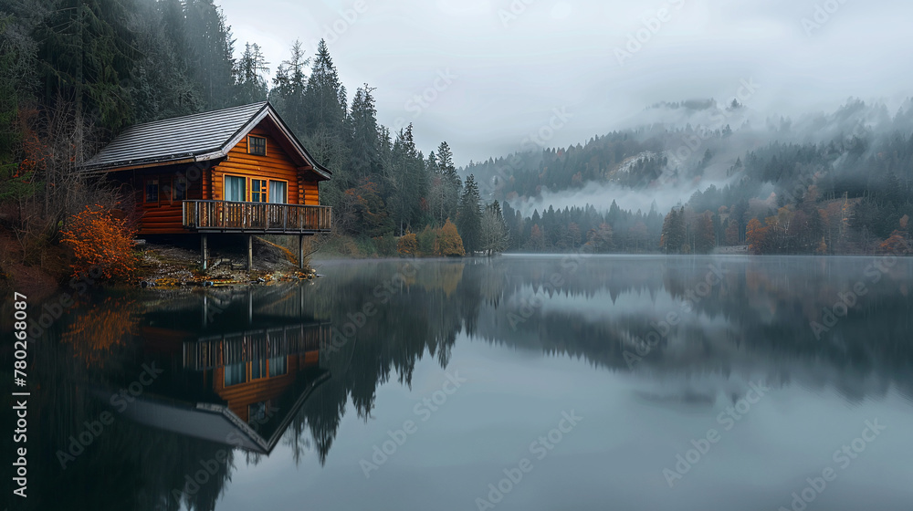 Lonely wooden rest house on the lake shore. Cloudy weather and slight fog