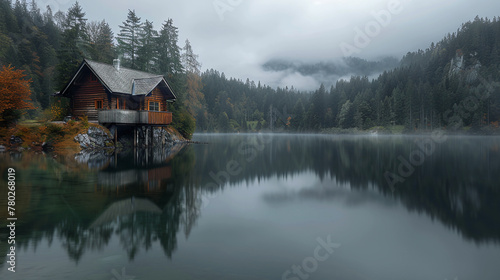Lonely wooden rest house on the lake shore. Cloudy weather and slight fog