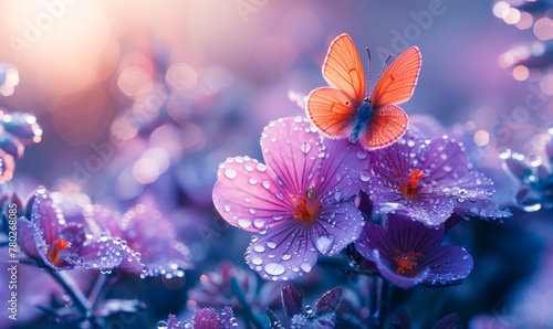 Sunrise Elegance: Violet Blooms, Dew Drops, Orange Butterflies in Morning Glow