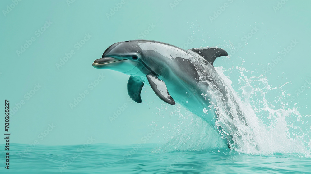 a Dolphin Clicking, studio shot, against solid color background, hyperrealistic photography, blank space for writing