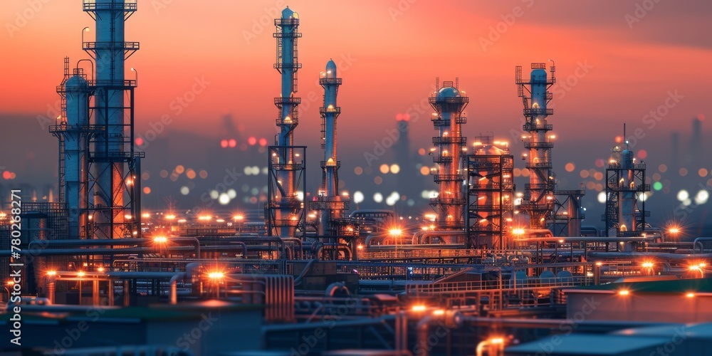 Illuminated Industry: The Intricate Network of a Petrochemical Plant Sparkling in the Veil of Night, Generative AI