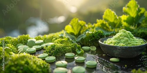 Eco-Friendly Green Pills and Lush Foliage Symbolizing Organic Supplements and Holistic Wellbeing, Generative AI