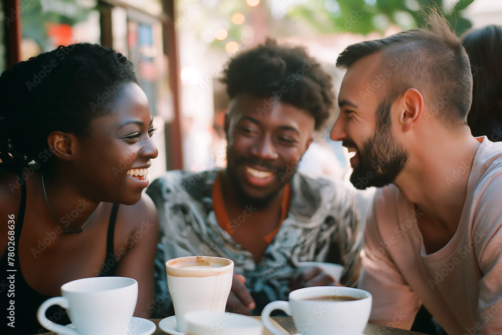 Multiracial group of happy smiling friends enjoy a cheerful coffee break, laughing during a lively lunch meeting. Different races and skin colors diversity. Vintage retro style