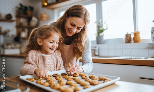 smilling mom and child enjoy love relation cudding hobby moment in kitchen sunday morning