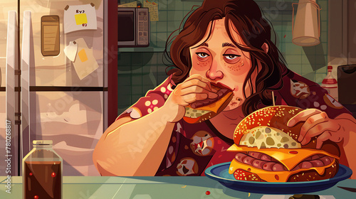 .Fat woman eats a big burger at night