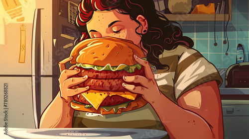 .Fat woman eats a big burger at night