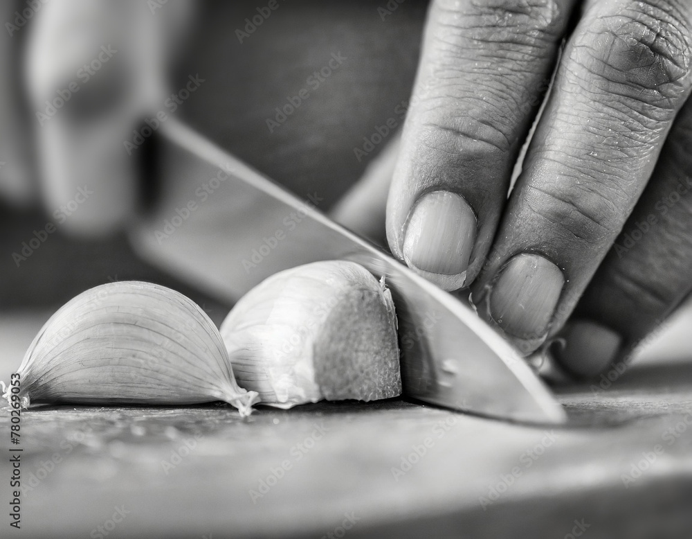 A close up, black and white photo of an experienced chef chopping a clove of garlic in half to add flavor - with a sharp chef's knife on a cutting board, butcher block - restaurant cuisine. - obrazy, fototapety, plakaty 
