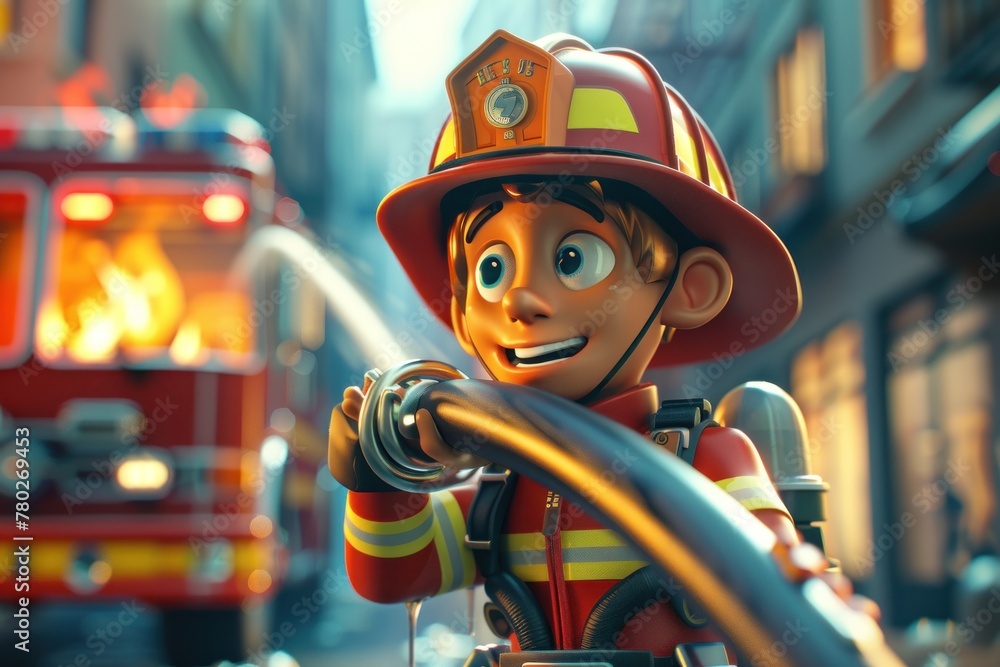 A cartoonish fireman is spraying water from a hose