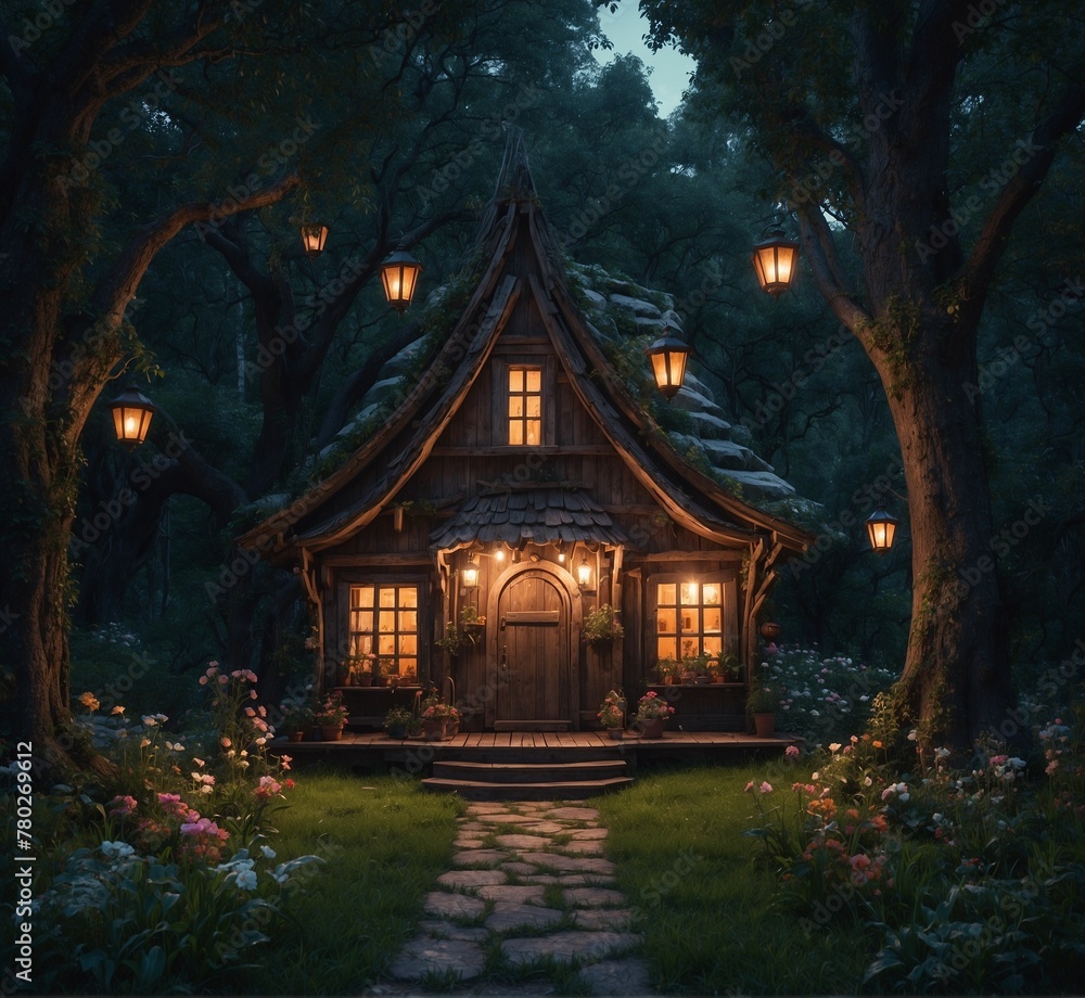 Old wooden cottage in the woods with lanterns at night. 3d rendering