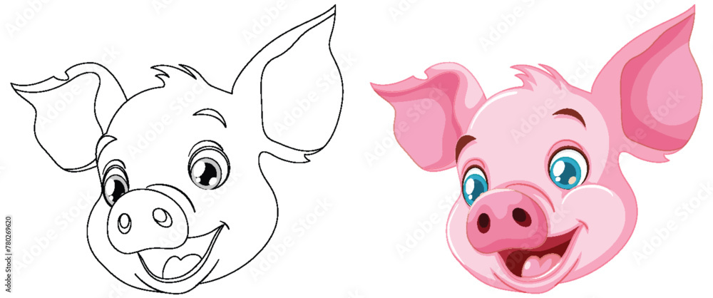 Black and white sketch beside colored pig