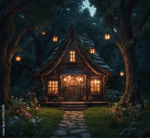 Old wooden cottage in the woods with lanterns at night. 3d rendering