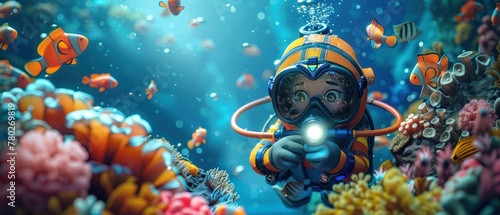 A cartoonish underwater scene with a boy in a scuba suit looking for something photo