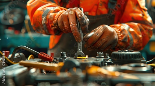 A man in an orange jacket is working on a car engine