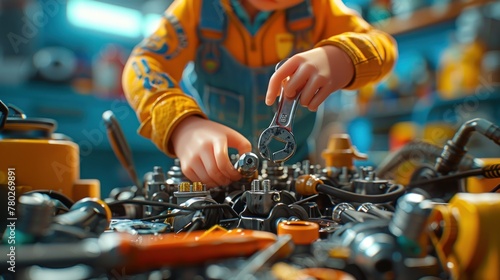 A cartoon character is working on a car engine