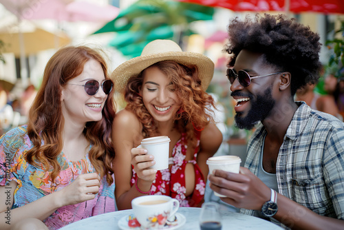 Multiracial group of happy smiling friends enjoy a cheerful coffee break, laughing during a lively lunch meeting. Different races and skin colors diversity. Vintage retro style