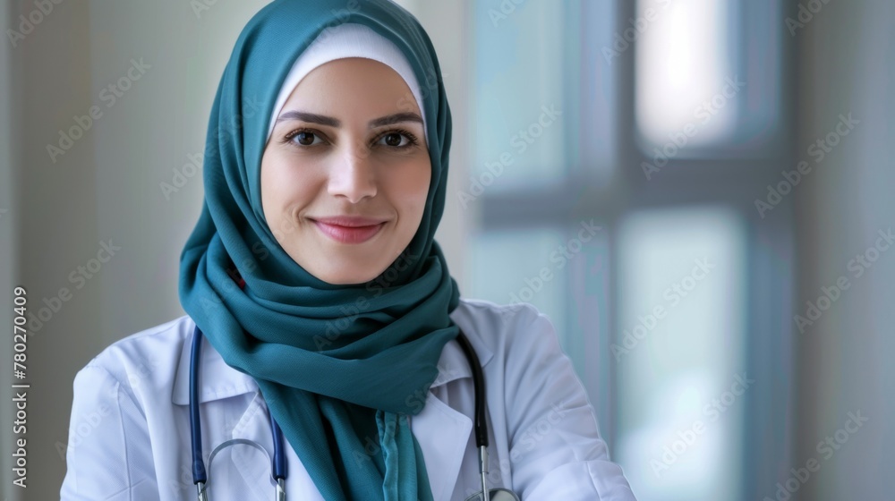 Female doctor in hijab portrays healthcare professionalism with medicine expertise and a confident smile