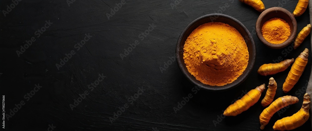 Turmeric on a black background. Free space for text. Turmeric on a black background. Free space for text.