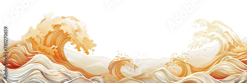 A golden line  waves on white background, A Japanese great wave,  photo