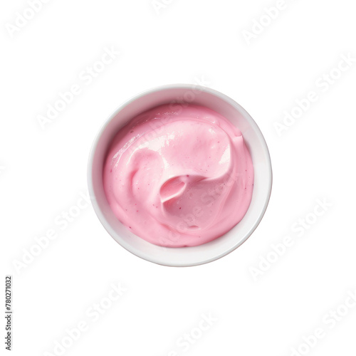 A bowl of pink yogurt on a transparent background