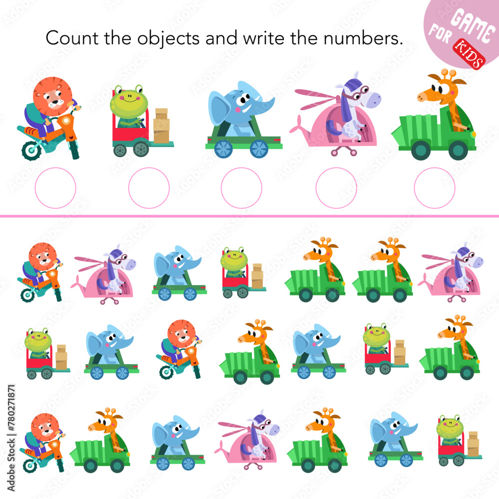 Fototapeta premium Count and write numbers. Puzzle game for children. Animals in zoo. Cartoon characters. Funny lion, frog, elephant, horse. Vector illustration.