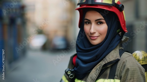 Firefighter in hijab portrays safety, uniform, helmet, bravery, and professional emergency response in a confident portrait