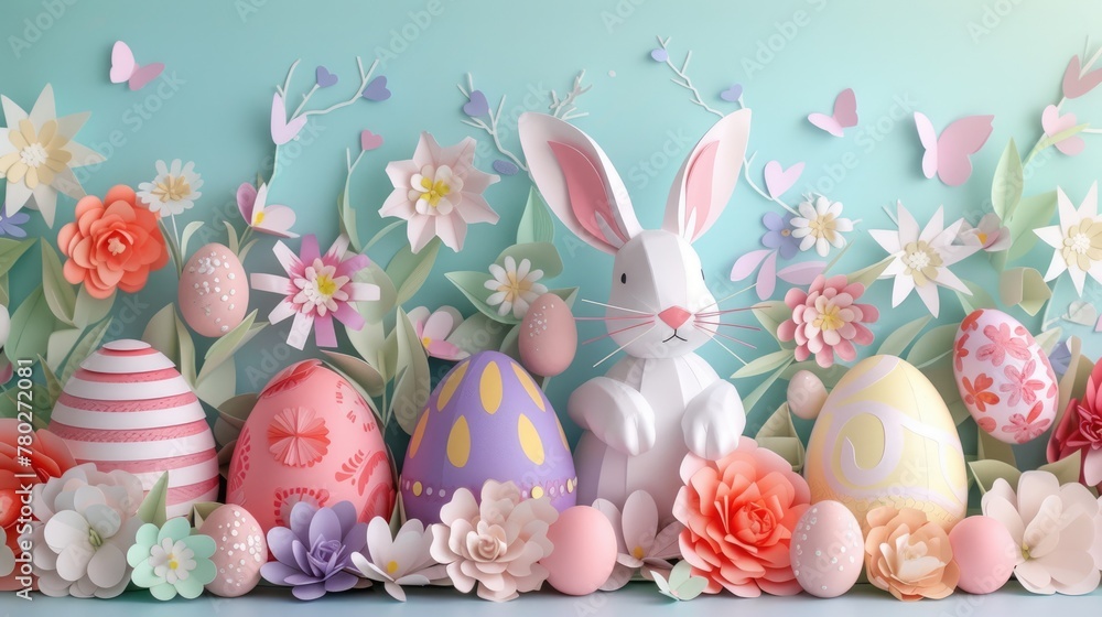 At the creative arts event, there are Easter eggs hidden among the grass and a paper bunny made with intricate art designs. The festive font and flower decorations make everyone happy AIG42E - obrazy, fototapety, plakaty 