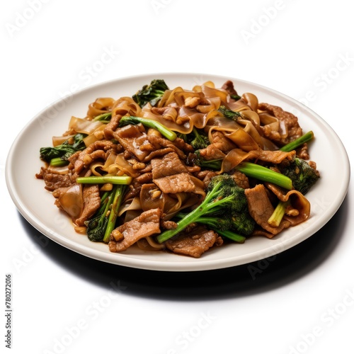 Pad See Ew, Stir-fried flat rice noodles with soy sauce, egg, Chinese broccoli, and a choice of meat