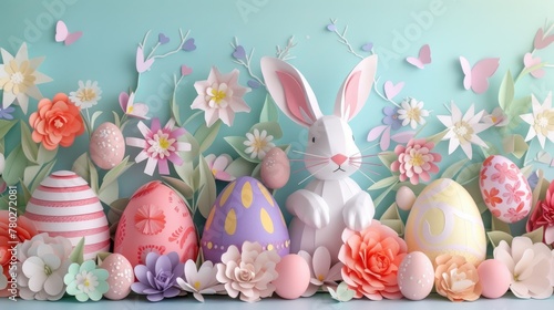 At the creative arts event, there are Easter eggs hidden among the grass and a paper bunny made with intricate art designs. The festive font and flower decorations make everyone happy AIG42E © Summit Art Creations