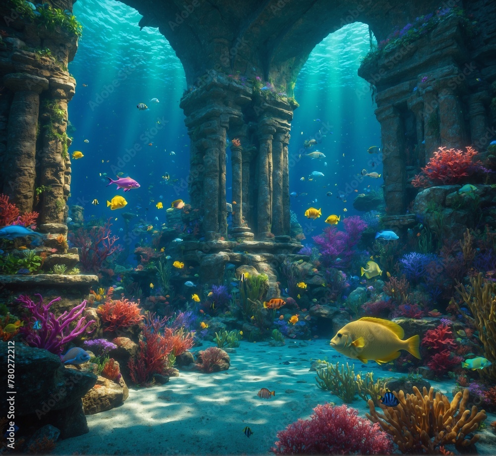 Underwater view of the coral reef with fish and ancient columns.