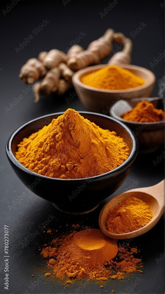 Turmeric on a black background. Free space for text. Turmeric on a black background. Free space for text.