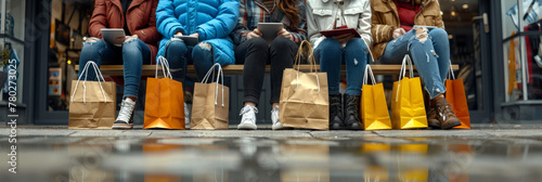 A group of people sitting on the edge holding shopping bags 
