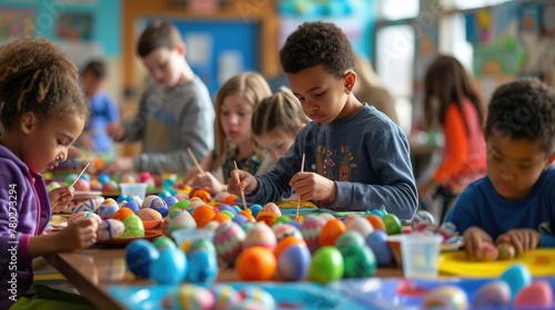 A toddler is sitting at a table happily painting Easter eggs, showcasing his adaptation skills and having fun in a leisure activity. His smile shows he is enjoying the recreation time AIG42E