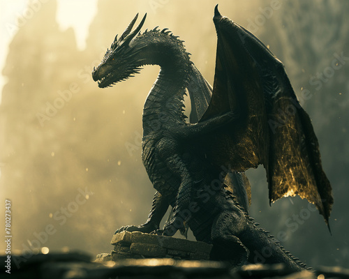 A dragon, amidst ruins symbolizing destruction and power dynamics, Realistic image, Silhouette Lighting, Vignette