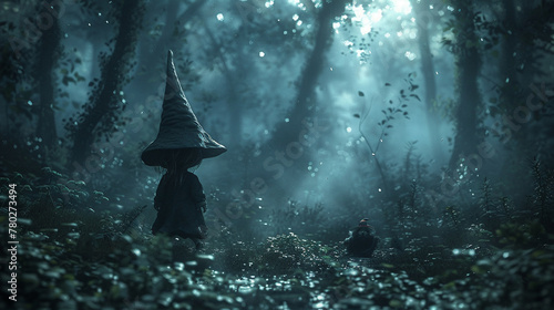 A mischievous gnome, with a pointed hat and rosy cheeks, playing pranks on unsuspecting forest creatures in the moonlit woods (3D render, Backlights, Vignette) photo