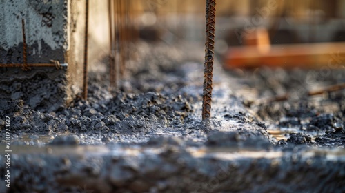 A macro shot of a concrete foundation being poured, showing the texture of the wet mix, trowel marks, and embedded rebar