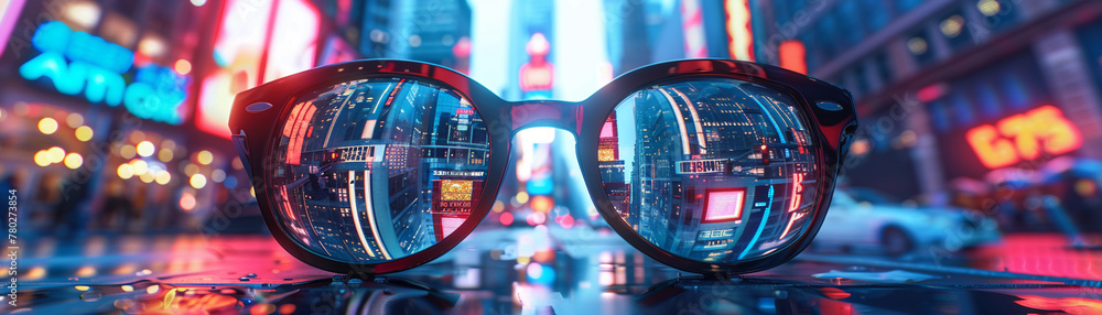 Augmented Reality Glasses, Futuristic Design, Urban Setting, Busy Street Scene, Holographic Advertisements, 3D Render, Neon Lighting, Lens Flare