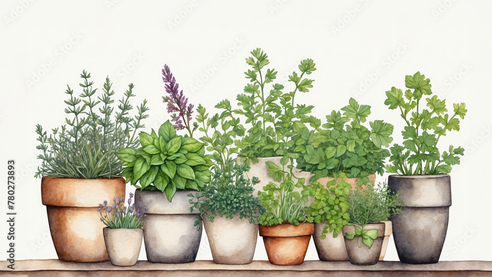 Watercolor illustration of herbs like rosemary, thyme, basil growing in pots on white background. Home herbarium